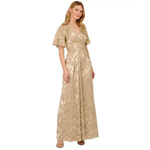 Adrianna Papell Foil Leaf Short Sleeve Gown With Draped Details In Champagne P10